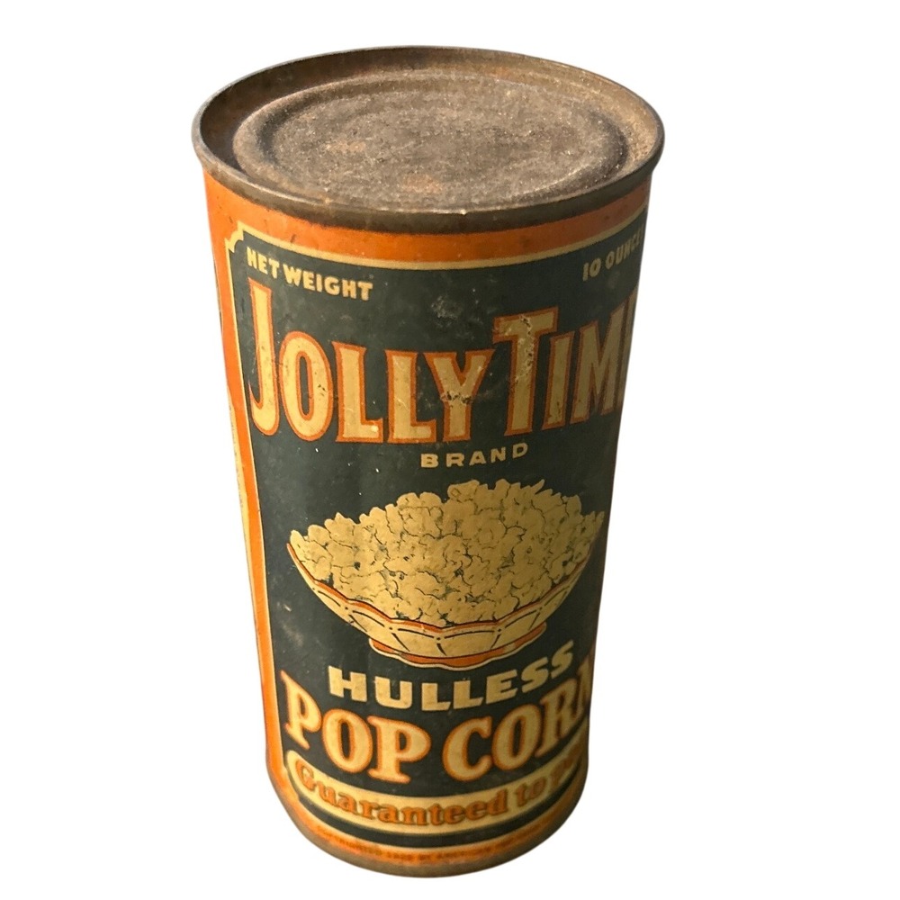 Vintage Jolly Time Hulless Pop Corn 10oz Tin American Pop Corn Co Sioux City IA